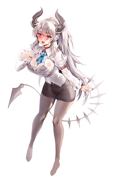 Anime picture 2000x3200 with original zerocat single long hair tall image looking at viewer blush fringe highres breasts open mouth light erotic simple background red eyes large breasts white background payot silver hair full body ponytail