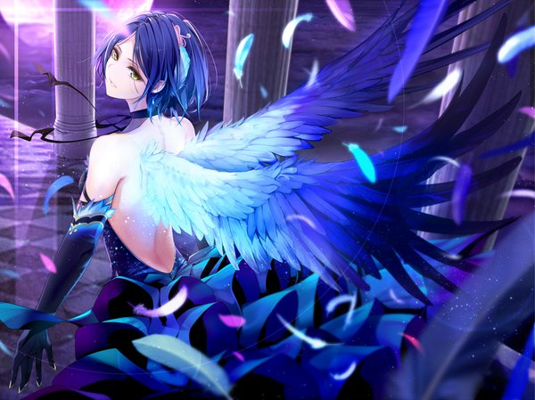 Anime picture 1662x1246 with idolmaster idolmaster cinderella girls idolmaster cinderella girls starlight stage hayami kanade giba (out-low) single looking at viewer fringe short hair standing bare shoulders green eyes blue hair parted lips head tilt looking back from behind night sparkle bare back