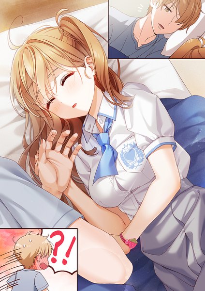 Anime picture 870x1230 with original unjem long hair tall image blush fringe short hair breasts open mouth brown hair brown eyes ahoge lying eyes closed hair over one eye short sleeves embarrassed one side up on side sleeping