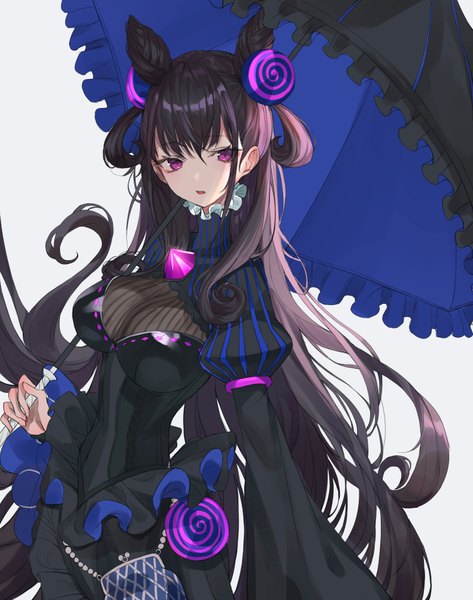 Anime picture 3000x3800 with fate (series) fate/grand order murasaki shikibu (fate) nabi (uz02) single long hair tall image looking at viewer fringe highres breasts open mouth light erotic black hair simple background hair between eyes large breasts standing purple eyes holding