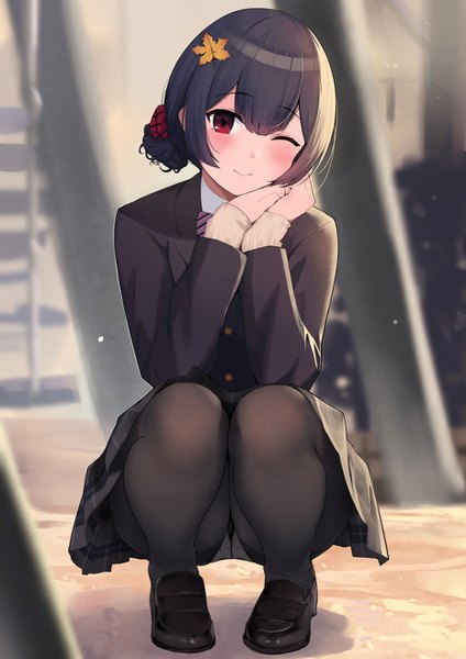 Anime picture 930x1315 with idolmaster idolmaster shiny colors morino rinze gin00 single tall image looking at viewer blush fringe short hair light erotic black hair smile red eyes payot full body bent knee (knees) outdoors long sleeves head tilt