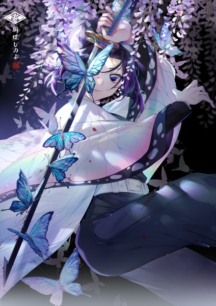 Anime picture 1190x1683 with kimetsu no yaiba ufotable kochou shinobu ekita xuan single tall image looking at viewer fringe short hair smile purple eyes purple hair traditional clothes japanese clothes multicolored hair wide sleeves arms up two-tone hair hieroglyph covering