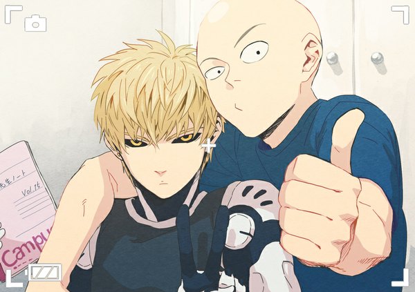 Anime picture 832x587 with one-punch man madhouse saitama (one-punch man) genos kurosuke (nora) looking at viewer fringe short hair blonde hair white background yellow eyes black eyes multiple boys hug victory mechanical arms black sclera bald superhero boy