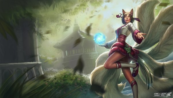 Anime picture 2000x1139 with league of legends ahri (league of legends) knockwurst single long hair fringe highres black hair wide image animal ears yellow eyes tail lips alternate hairstyle multiple tails hair up girl flower (flowers) plant (plants) boots
