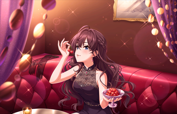 Anime picture 1280x824 with idolmaster idolmaster cinderella girls idolmaster cinderella girls starlight stage ichinose shiki annindoufu (oicon) single long hair blush open mouth blue eyes brown hair sitting bare shoulders holding looking away ahoge indoors braid (braids) sleeveless lens flare