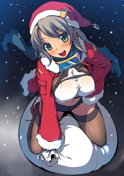 Anime picture 1600x2259 with original amei sumeru single long hair tall image looking at viewer blush open mouth light erotic smile brown hair green eyes fur trim girl thighhighs black thighhighs shorts scarf fur santa claus hat