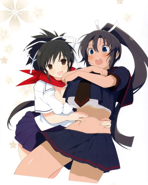 Anime picture 4914x6145 with senran kagura asuka (senran kagura) homura (senran kagura) yaegashi nan long hair tall image blush highres short hair breasts open mouth blue eyes light erotic black hair large breasts multiple girls brown eyes absurdres ponytail pleated skirt