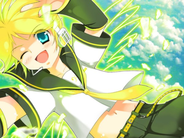 Anime picture 1024x768 with vocaloid kagamine len single blonde hair green eyes one eye closed wink midriff boy navel sokomushi