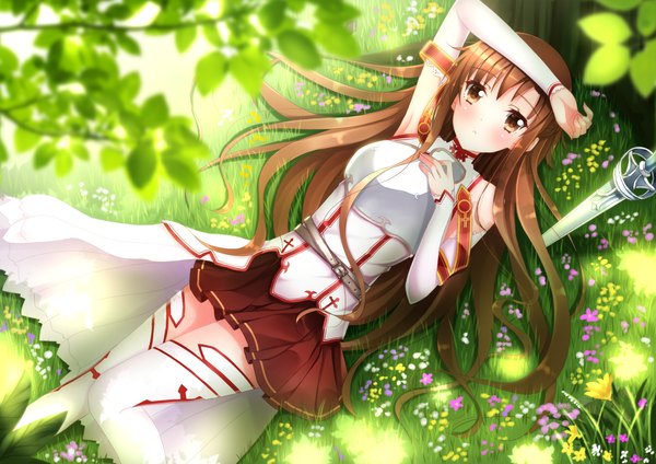Anime picture 1440x1018 with sword art online a-1 pictures yuuki asuna swordsouls single long hair looking at viewer fringe brown hair brown eyes lying shiny skin girl thighhighs skirt flower (flowers) weapon plant (plants) detached sleeves sword