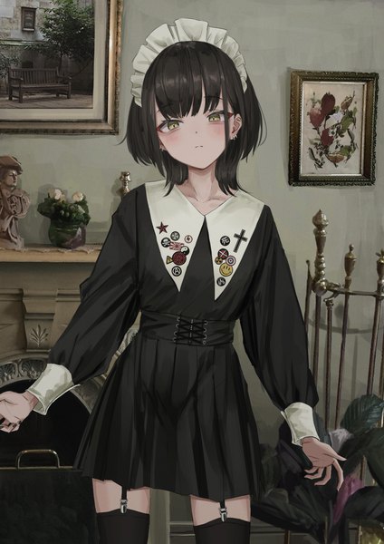Anime picture 2894x4093 with original nadegata single tall image looking at viewer highres short hair black hair standing yellow eyes indoors long sleeves nail polish fingernails zettai ryouiki expressionless iron cross skull and crossbones photo background yin yang