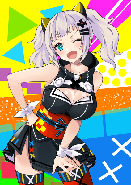 Anime picture 868x1228 with virtual youtuber the moon studio kaguya luna ryun025 single long hair tall image looking at viewer blush breasts open mouth light erotic large breasts twintails payot cleavage silver hair one eye closed aqua eyes wink