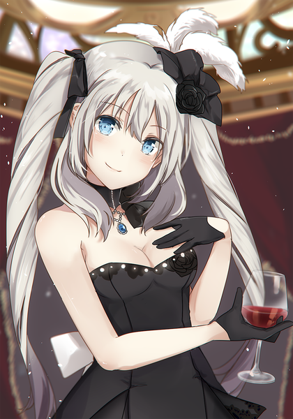 Anime picture 980x1400 with fate (series) fate/grand order marie antoinette (fate/grand order) k-rumi single long hair tall image looking at viewer blush breasts blue eyes twintails payot cleavage silver hair upper body light smile hand on chest heroic spirit formal dress girl