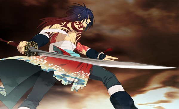 Anime picture 2048x1250 with dramatical murder nitro+chiral koujaku single long hair highres open mouth red eyes wide image bare shoulders blue hair red hair traditional clothes multicolored hair tattoo boy weapon sword bracelet bandage (bandages)