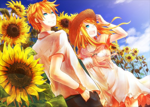 Anime picture 1450x1037 with vocaloid kagamine rin kagamine len nocho long hair short hair open mouth blonde hair smile looking away sky cloud (clouds) aqua eyes hand in pocket girl boy hat sundress straw hat wristlet