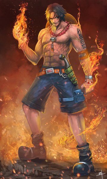 Anime picture 1231x2048 with one piece toei animation portgas d. ace pu reum lee single tall image looking at viewer fringe short hair standing bare shoulders signed full body black eyes tattoo muscle hat removed headwear removed abs body writing