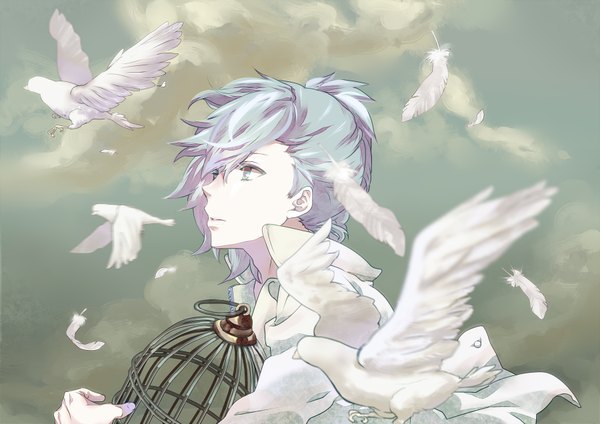 Anime picture 900x636 with uta no prince-sama a-1 pictures mikaze ai mofmofqueue single short hair looking away sky cloud (clouds) upper body profile aqua eyes wind aqua hair boy animal shirt bird (birds) feather (feathers) cage