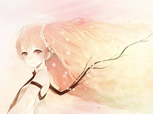 Anime picture 1000x750 with vocaloid hatsune miku sakura miku yumi (tuzisaka) single looking at viewer smile twintails pink hair very long hair pink eyes girl flower (flowers) detached sleeves branch