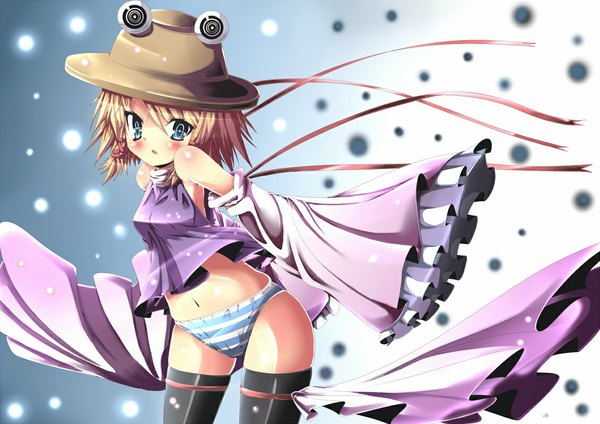 Anime picture 1131x800 with touhou moriya suwako gamuo blush short hair blue eyes light erotic blonde hair girl thighhighs navel underwear panties ribbon (ribbons) black thighhighs hat detached sleeves striped panties