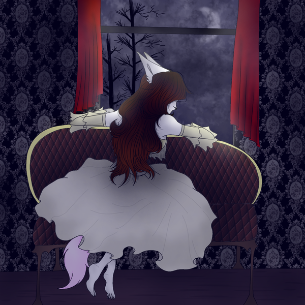 Anime picture 1280x1280 with tagme (copyright) tagme (artist) single long hair fringe brown hair sitting animal ears cloud (clouds) full body indoors tail animal tail profile barefoot from behind night night sky wolf ears crescent