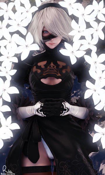 Anime picture 900x1500 with nier nier:automata yorha no. 2 type b baka-neearts single tall image looking at viewer fringe short hair blue eyes light erotic signed silver hair lying lips hair over one eye realistic mole on back partially submerged