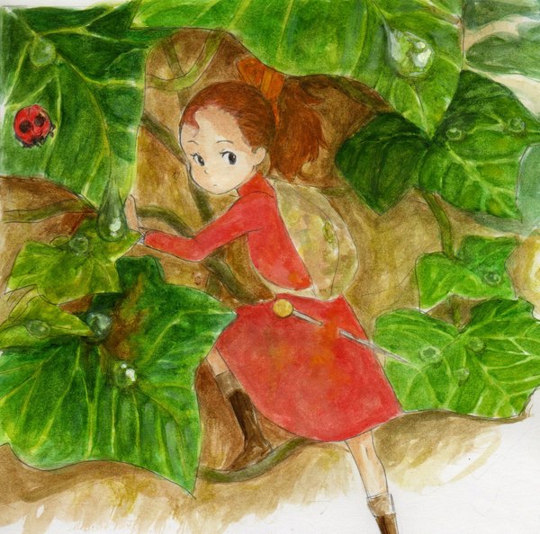 Anime picture 1920x1903 with the borrower arrietty studio ghibli arrietty aoringo17 single highres brown hair ponytail looking back black eyes dress weapon plant (plants) bag water drop backpack needle ladybug dew drop