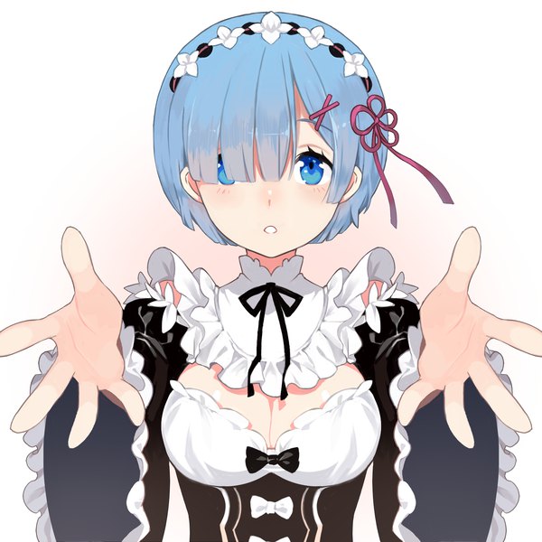 Anime picture 1536x1536 with re:zero kara hajimeru isekai seikatsu white fox rem (re:zero) airote single looking at viewer blush fringe short hair breasts blue eyes simple background white background blue hair upper body parted lips hair over one eye wide sleeves maid puffy sleeves