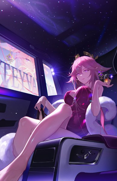 Anime picture 2200x3400 with genshin impact yae miko change (1044080555) single long hair tall image looking at viewer fringe highres breasts light erotic hair between eyes large breasts sitting holding animal ears pink hair nail polish pink eyes from below