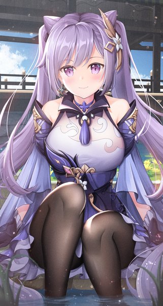 Anime picture 2187x4084 with genshin impact keqing (genshin impact) lancheu single tall image looking at viewer blush fringe highres breasts smile sitting purple eyes twintails bare shoulders payot sky purple hair cloud (clouds) bent knee (knees)