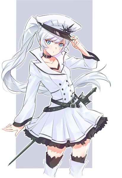 Anime picture 1099x1600 with rwby rooster teeth weiss schnee iesupa single long hair tall image looking at viewer blue eyes simple background silver hair long sleeves zettai ryouiki floating hair official alternate costume side ponytail scar double buttons outline girl