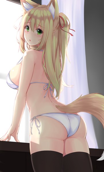 Anime picture 1210x2000 with original sogaya single long hair tall image looking at viewer blush fringe breasts open mouth light erotic blonde hair hair between eyes large breasts standing bare shoulders green eyes animal ears payot ass