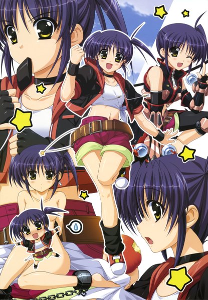 Anime picture 4076x5890 with mahou shoujo lyrical nanoha isis eaglet higa yukari tall image highres short hair open mouth black hair yellow eyes absurdres one eye closed wink topless girl shorts belt wrist cuffs