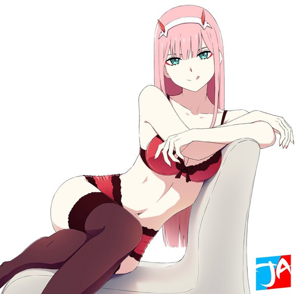 Anime picture 1383x1376 with darling in the franxx studio trigger zero two (darling in the franxx) j adsen (gh05t) single long hair looking at viewer fringe breasts light erotic simple background hair between eyes white background sitting bare shoulders signed payot pink hair cleavage bent knee (knees)