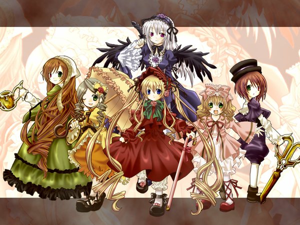 Anime picture 1024x768 with rozen maiden suigintou shinku suiseiseki souseiseki hina ichigo kanaria kuro (pixiv213382) long hair blue eyes blonde hair red eyes brown hair purple eyes multiple girls green eyes silver hair very long hair green hair heterochromia