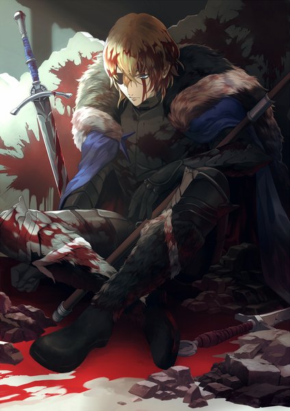 Anime picture 1240x1753 with fire emblem fire emblem: three houses nintendo dimitri alexandre blaiddyd nishikawa (fe) single tall image fringe short hair blue eyes blonde hair hair between eyes sitting looking away full body blood on face indian style bloody weapon boy weapon