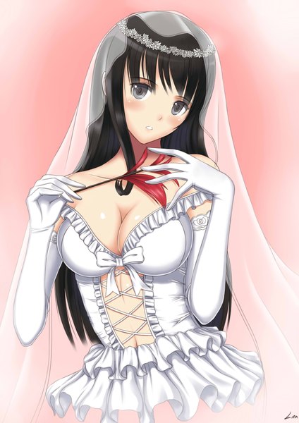 Anime picture 2480x3507 with original xiao lian single long hair tall image looking at viewer blush highres breasts light erotic black hair cleavage grey eyes girl dress gloves elbow gloves white gloves