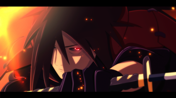 Anime picture 7942x4434 with naruto studio pierrot naruto (series) uchiha madara nuclearagent single long hair fringe highres black hair red eyes wide image absurdres sunlight hair over one eye coloring letterboxed sharingan boy gloves