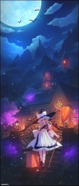 Anime picture 524x1224 with touhou kirisame marisa masao chrisnoth-penigas single long hair tall image blonde hair holding brown eyes signed looking away sky cloud (clouds) full body outdoors braid (braids) head tilt night night sky
