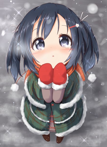 Anime picture 1200x1650 with kantai collection souryuu aircraft carrier kisa (k isa) single tall image blush short hair black hair twintails parted lips from above black eyes :o sparkle loli short twintails snowing looking up winter girl