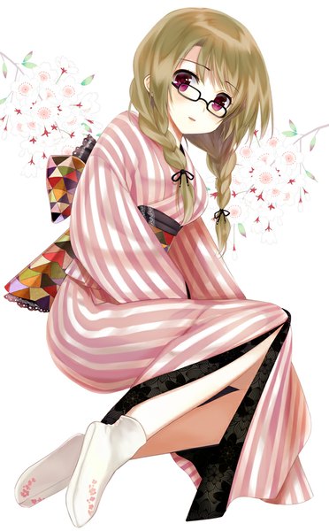 Anime picture 650x1048 with original yuuki rika single long hair tall image looking at viewer blush open mouth brown hair purple eyes braid (braids) traditional clothes japanese clothes girl flower (flowers) socks glasses kimono white socks