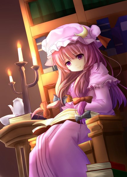 Anime picture 1500x2098 with touhou patchouli knowledge igarashi asuka single long hair tall image sitting purple eyes purple hair girl dress bow hair bow book (books) bonnet