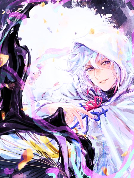 Anime picture 600x800 with fate (series) fate/grand order merlin (fate) saryo single tall image fringe short hair hair between eyes purple eyes looking away white hair parted lips light smile shaded face boy hood cape