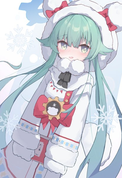 Anime picture 1817x2632 with blue archive momiji (blue archive) nalphanne single tall image fringe highres hair between eyes green eyes very long hair green hair animal hood girl hood halo snowflake (snowflakes) winter clothes