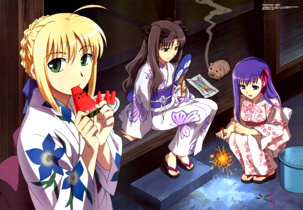 Anime picture 2204x1532 with fate (series) fate/stay night studio deen type-moon artoria pendragon (all) saber toosaka rin matou sakura highres japanese clothes fireworks girl food berry (berries) yukata watermelon kayari buta