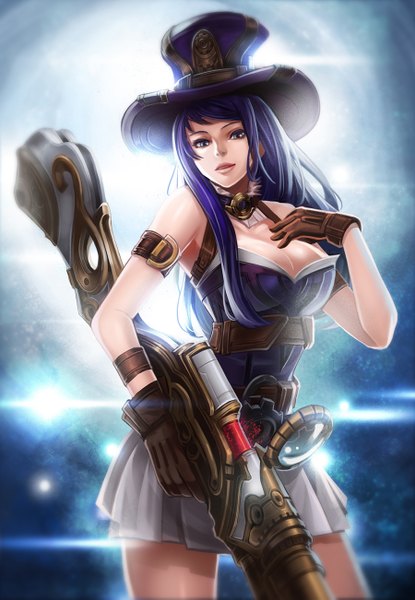Anime picture 900x1301 with league of legends caitlyn (league of legends) goomrrat long hair tall image looking at viewer breasts blue eyes blue hair lips girl gloves weapon hat gun sniper rifle