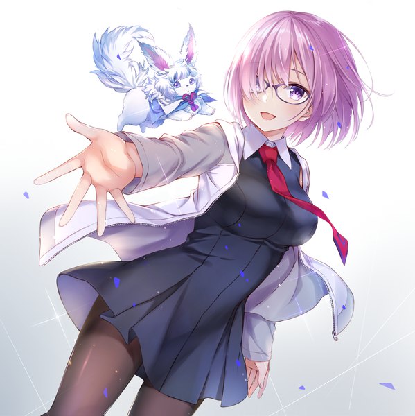 Anime picture 1100x1102 with fate (series) fate/grand order mash kyrielight fou (fate) higeneko single tall image fringe short hair simple background purple eyes purple hair hair over one eye open jacket sparkle gradient background outstretched hand girl pantyhose glasses