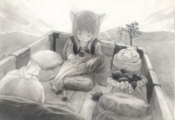 Anime picture 1260x867 with spice and wolf horo sakanami single animal ears tail eyes closed monochrome wolf ears wolf tail wolf girl girl plant (plants) tree (trees) apple