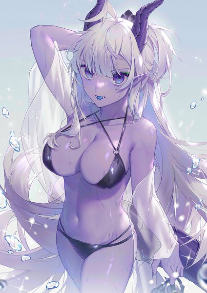 Anime picture 900x1273 with original wenz single tall image looking at viewer fringe breasts light erotic simple background hair between eyes large breasts standing purple eyes holding payot cleavage silver hair tail very long hair arm up