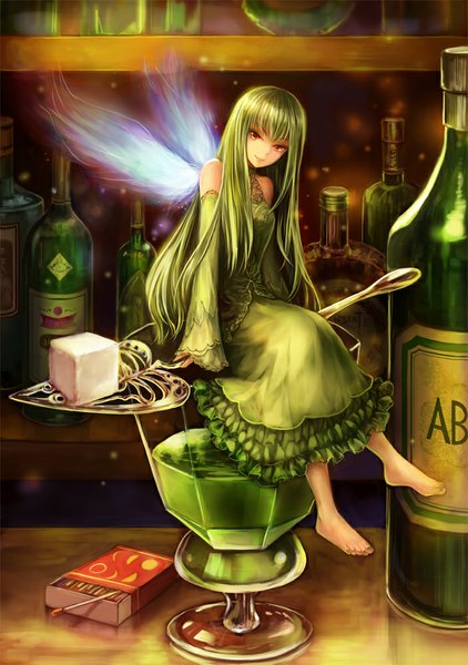 Anime picture 703x1000 with original karasuba yomi single long hair tall image looking at viewer brown eyes barefoot green hair fantasy fairy girl dress detached sleeves wings