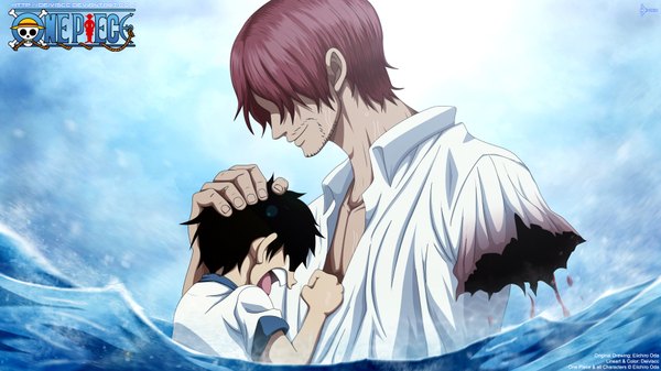 Anime picture 1920x1080 with one piece toei animation monkey d. luffy shanks deiviscc highres short hair open mouth black hair smile wide image red hair profile inscription coloring torn clothes light open collar hair over eyes bristle
