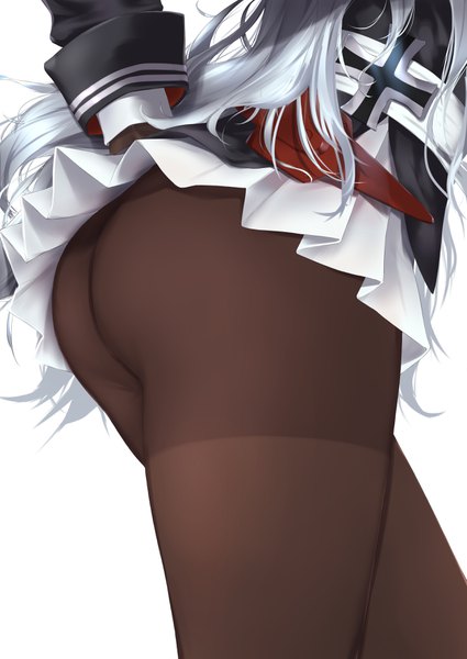 Anime picture 2507x3541 with azur lane graf zeppelin (azur lane) tokorotn single long hair tall image highres light erotic simple background standing white background silver hair ass pleated skirt close-up head out of frame iron cross girl skirt pantyhose